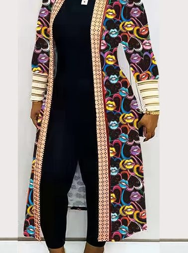 Plus Size Graphic Print Long Sleeve Cardigan; Women's Plus Elegant Slight Stretch Cardigan; Coat