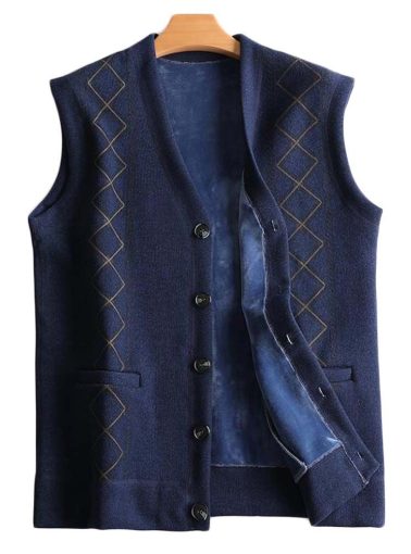 Men's V-Neck Autumn Vest Coat Winter Warm Vest Knitwear Fleece Lined Waistcoat Sleeveless Jacket; Navy Blue