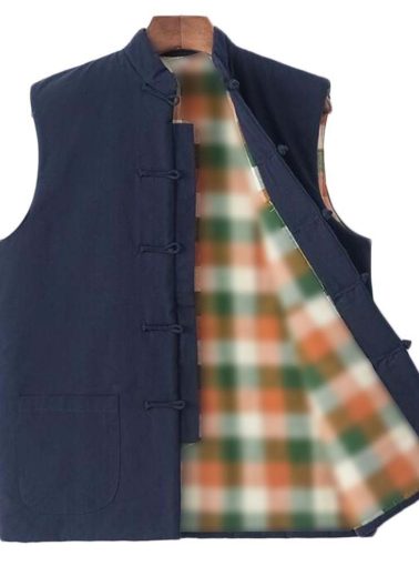 Chinese Style Autumn Winter Cotton Waistcoat Vest Men's Tang Costume Vest Outerwear Sleeveless Jacket; Navy Blue