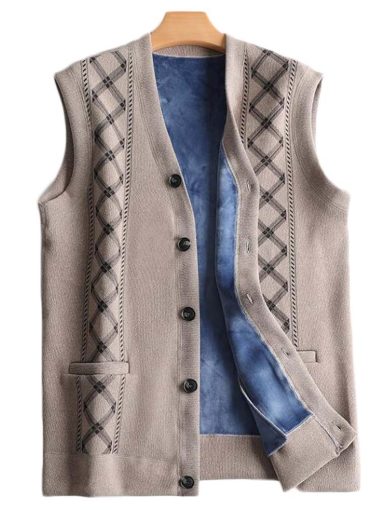 Men's V-Neck Autumn Vest Coat Winter Warm Vest Knitwear Fleece Lined Waistcoat Sleeveless Jacket; Khaki