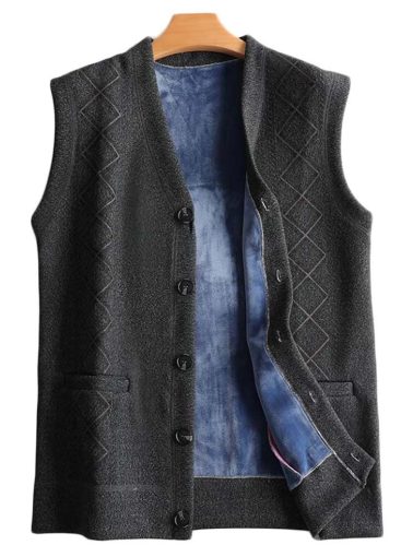 Men's V-Neck Autumn Vest Coat Winter Warm Vest Knitwear Fleece Lined Waistcoat Sleeveless Jacket; Dark Grey