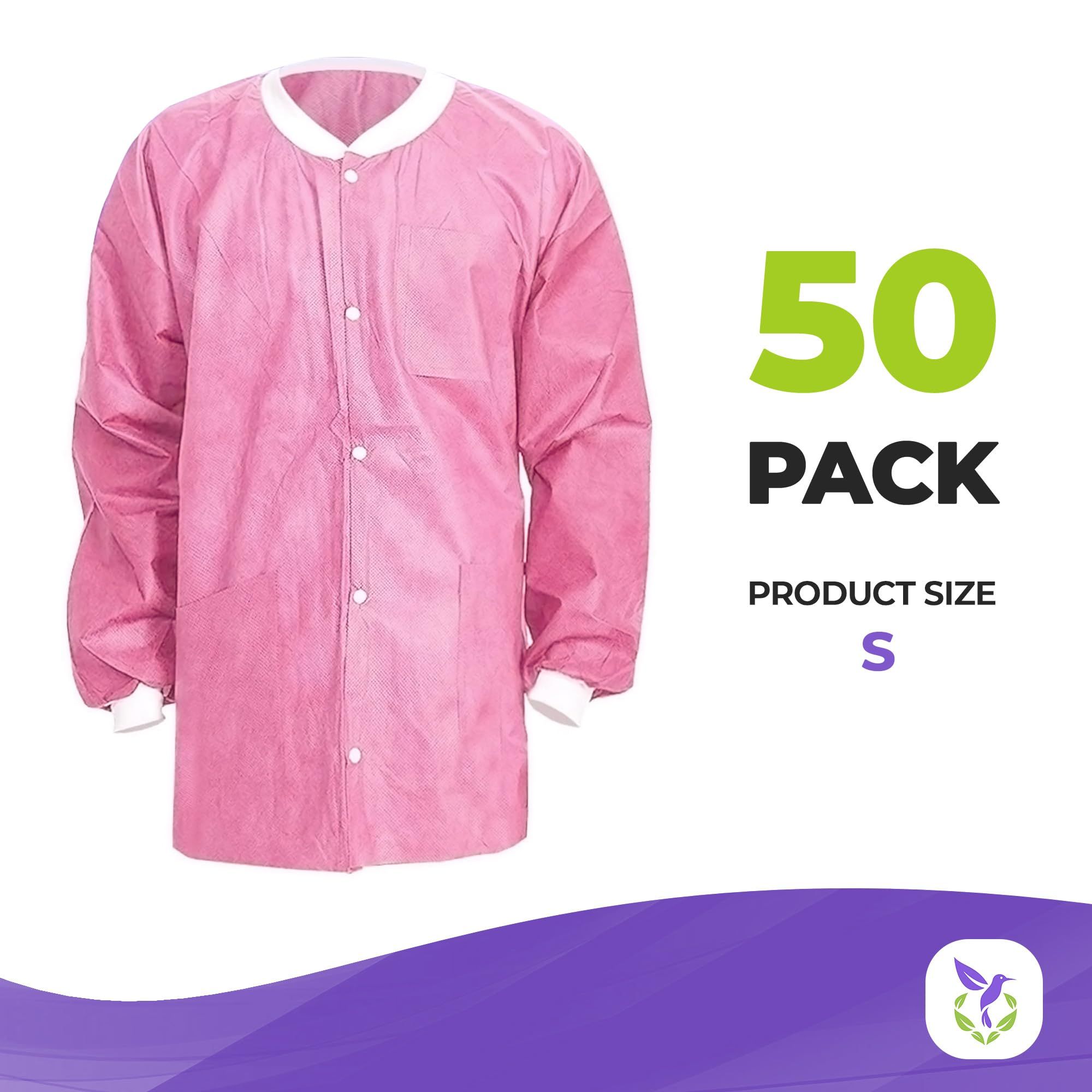 Cranberry Disposable Lab Jackets with Pockets, Small. Pack of 50 Disposable Jackets Dental 45 GSM SMS with Snaps, Knit Cuffs & Collar, 3 Pockets. Disposable Hip-Length Workwear
